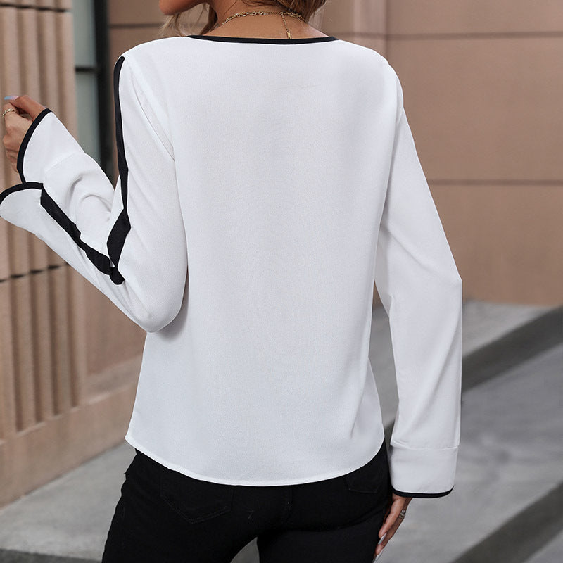 Color-Block Long-Sleeve Blouse with Bowknot and V-Neck