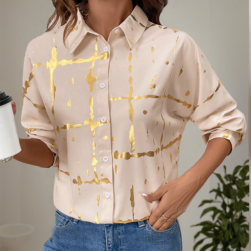 Gold Foil Print Button-Down Shirt with Puff Sleeves