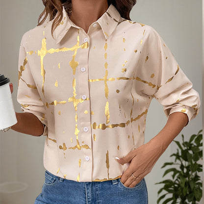 Gold Foil Print Button-Down Shirt with Puff Sleeves
