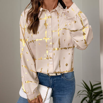 Gold Foil Print Button-Down Shirt with Puff Sleeves