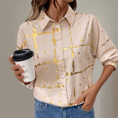 Gold Foil Print Button-Down Shirt with Puff Sleeves