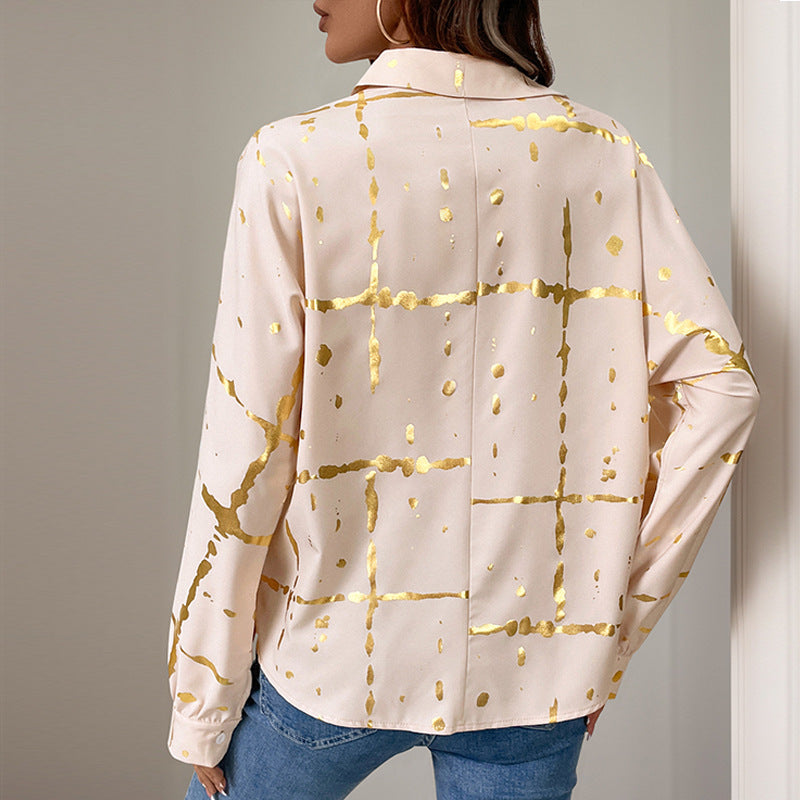 Gold Foil Print Button-Down Shirt with Puff Sleeves