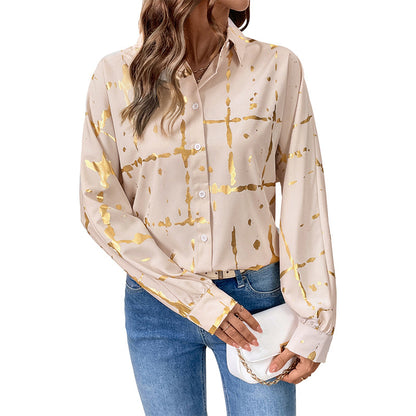 Gold Foil Print Button-Down Shirt with Puff Sleeves