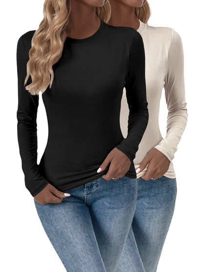 Slim Fit Solid Long Sleeve Top with Round Neck and Built-In Chest Pads