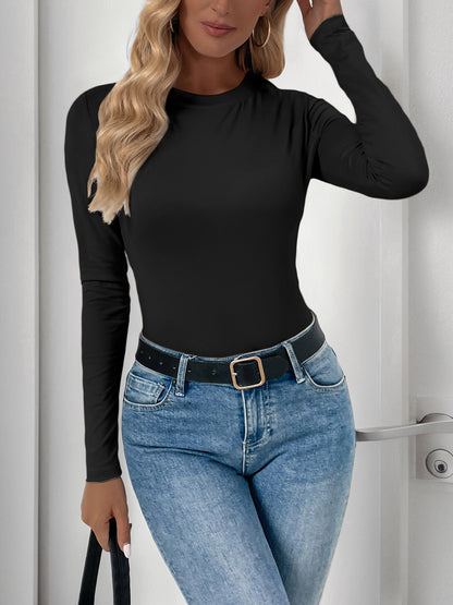 Slim Fit Solid Long Sleeve Top with Round Neck and Built-In Chest Pads