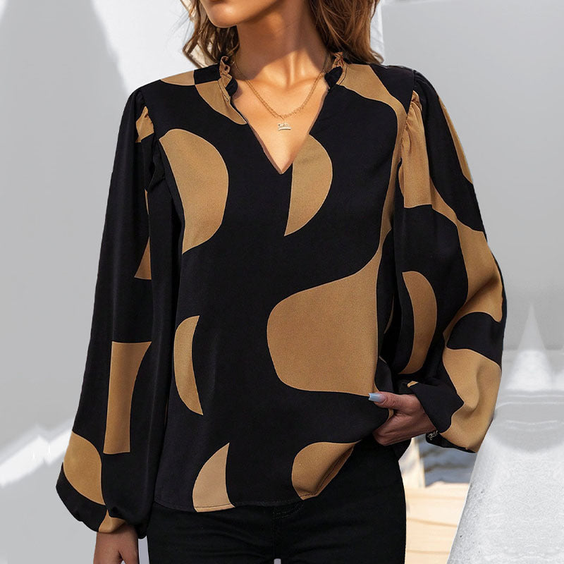Abstract Print Shirt with Puff Sleeves and V-Neck