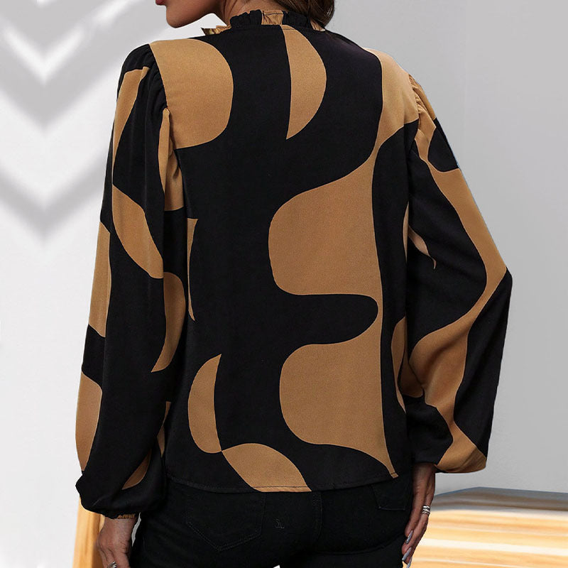 Abstract Print Shirt with Puff Sleeves and V-Neck