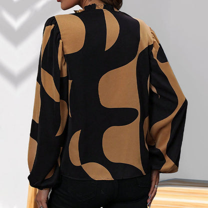 Abstract Print Shirt with Puff Sleeves and V-Neck