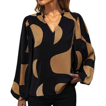 Abstract Print Shirt with Puff Sleeves and V-Neck