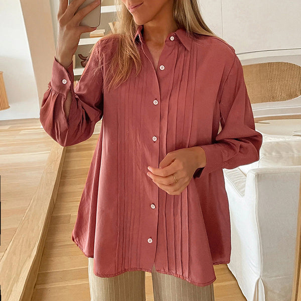 Loose Fit Button-Front Blouse with Vertical Pleats and Gathered Cuffs