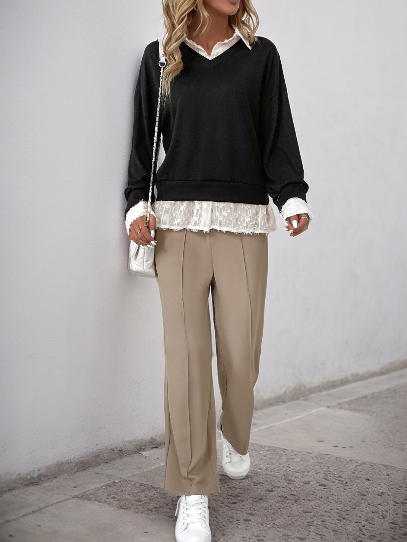 Fake Two-Piece Top with Lapel Collar and Lace Trim