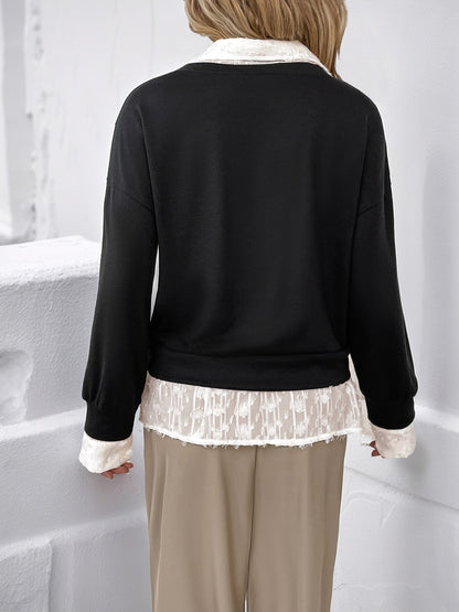 Fake Two-Piece Top with Lapel Collar and Lace Trim