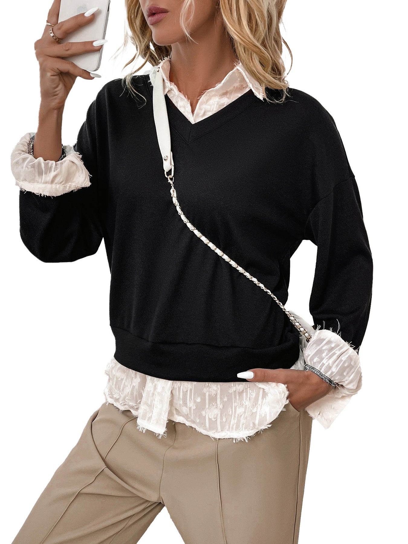 Fake Two-Piece Top with Lapel Collar and Lace Trim