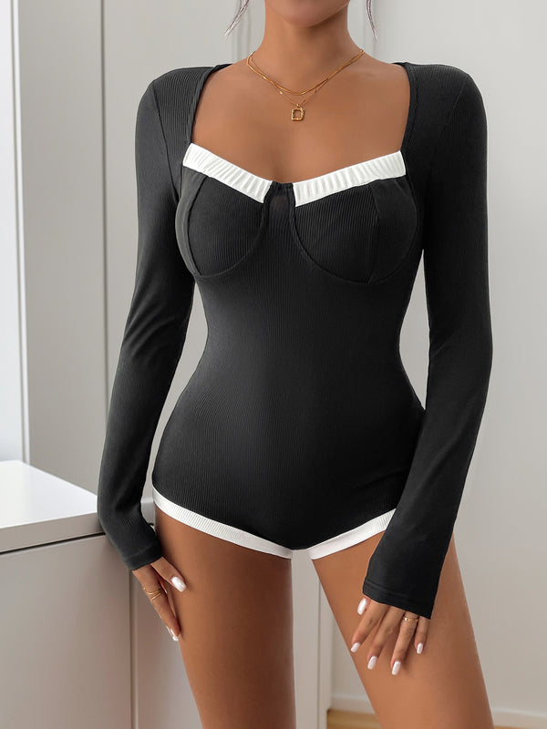 Ribbed Bodycon Bodysuit with Square Neck and Contrast Trim