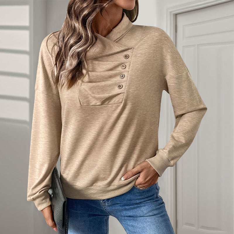 Solid Viscose Pullover with Asymmetrical Button Collar