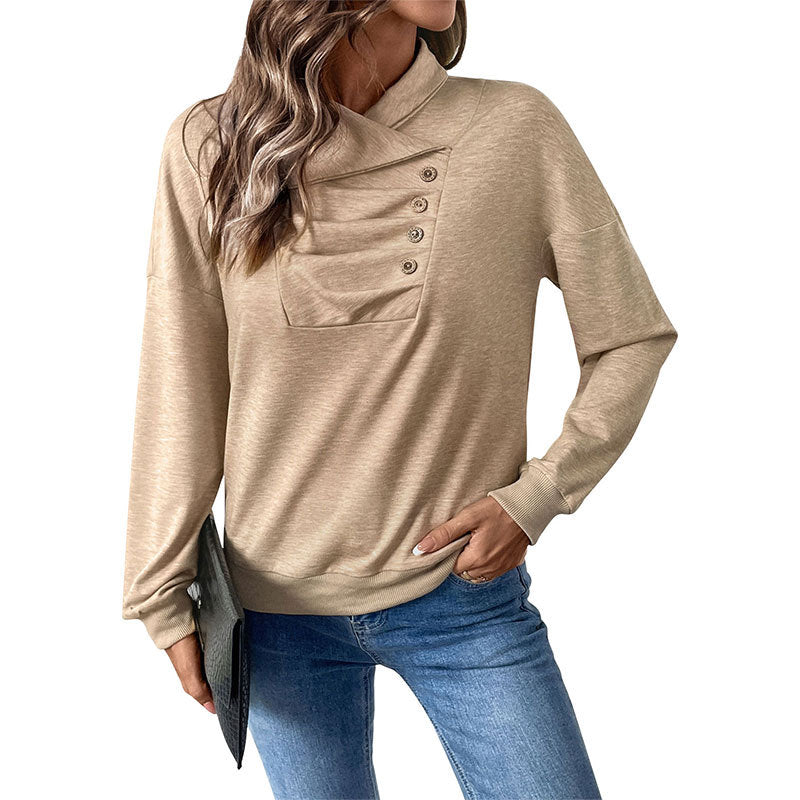Solid Viscose Pullover with Asymmetrical Button Collar
