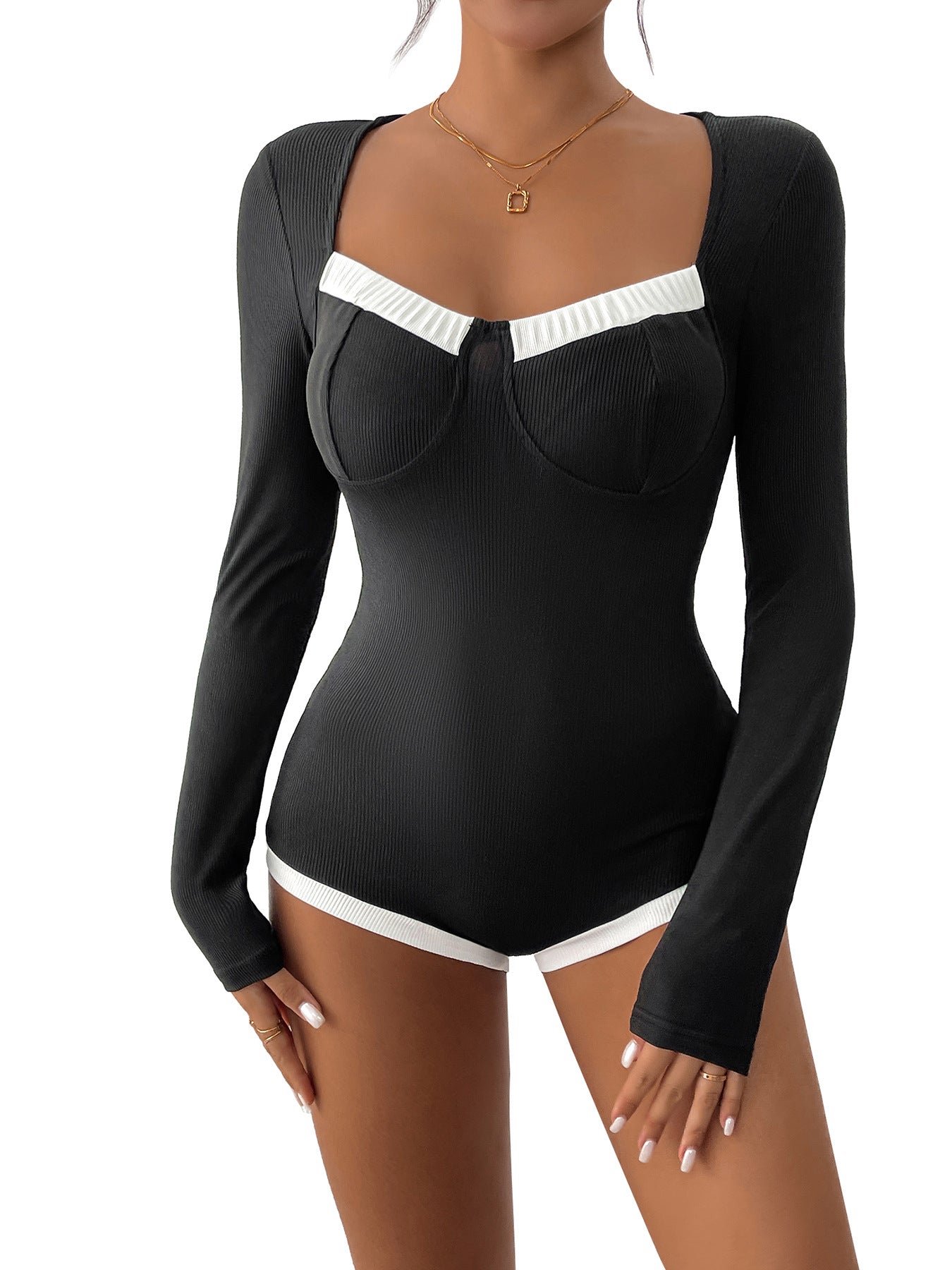 Ribbed Bodycon Bodysuit with Square Neck and Contrast Trim