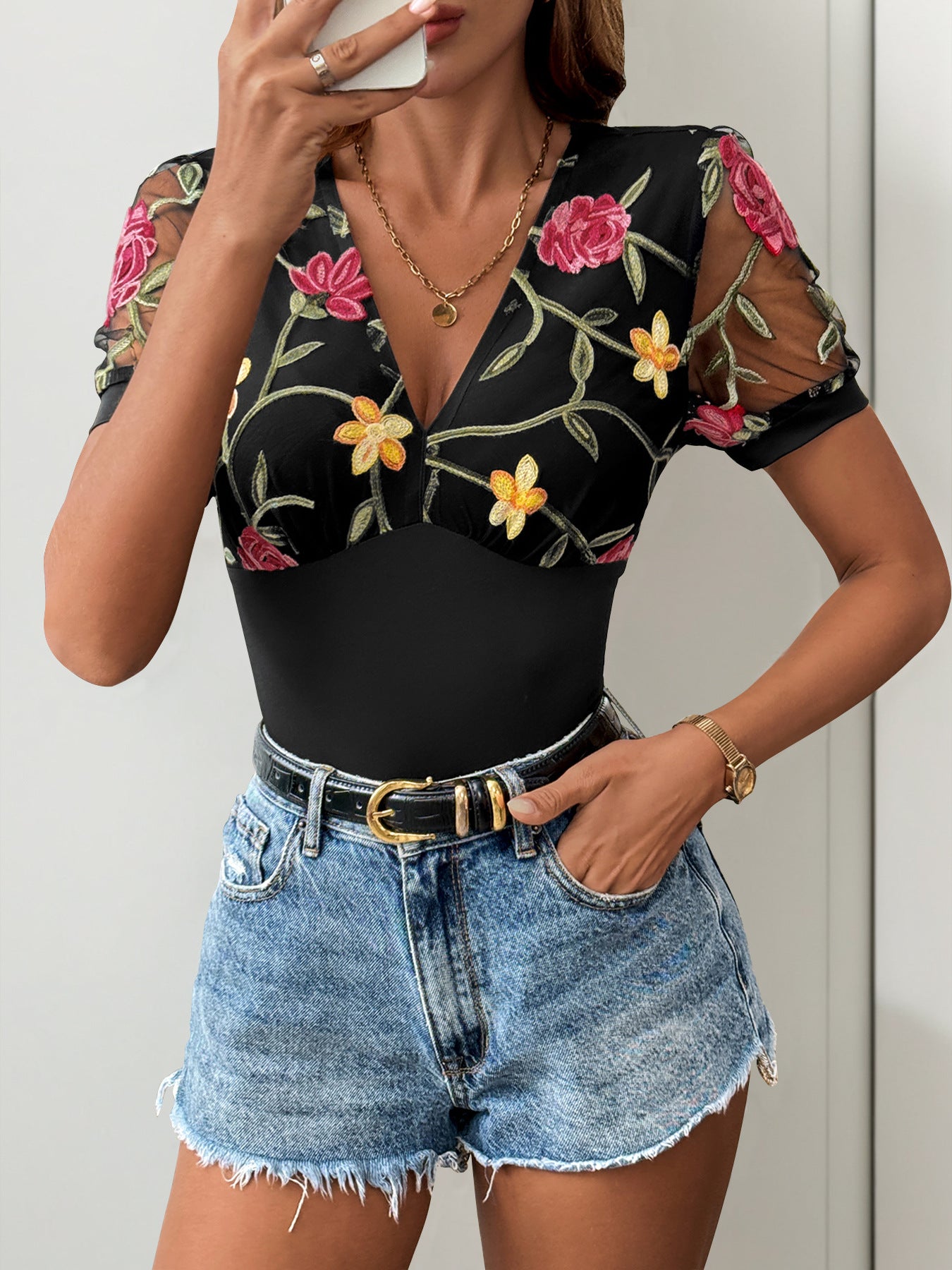 Floral Embroidered Bodysuit Top with Mesh Short Sleeves