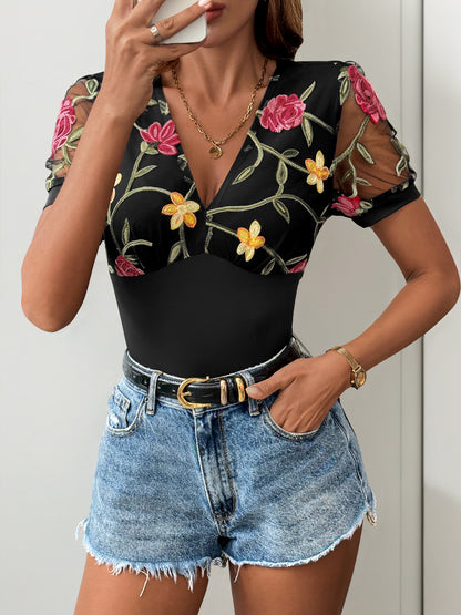 Floral Embroidered Bodysuit Top with Mesh Short Sleeves