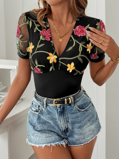 Floral Embroidered Bodysuit Top with Mesh Short Sleeves