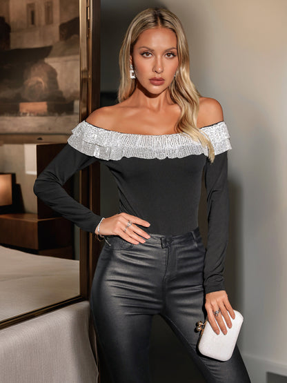 Bodycon Bodysuit with Off-Shoulder Ruffle and Sequins