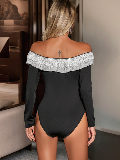 Bodycon Bodysuit with Off-Shoulder Ruffle and Sequins