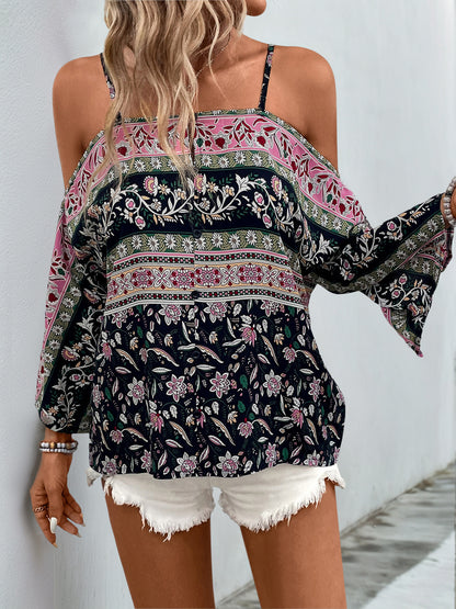 Bohemian Print Top with Off-Shoulder and Batwing Sleeves