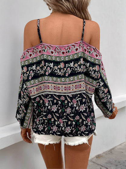 Bohemian Print Top with Off-Shoulder and Batwing Sleeves