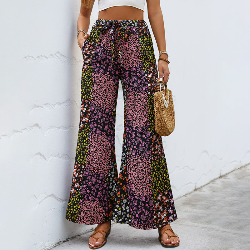 Patchwork Floral Wide-Leg Pants with High-Waist Drawstring