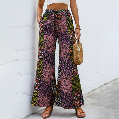 Patchwork Floral Wide-Leg Pants with High-Waist Drawstring