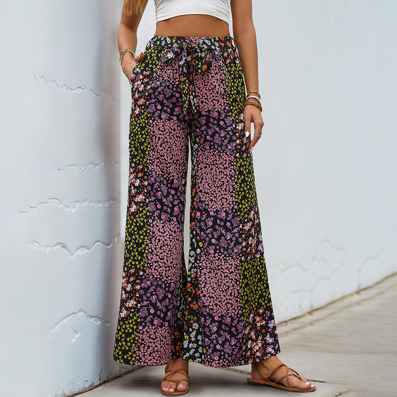 Patchwork Floral Wide-Leg Pants with High-Waist Drawstring