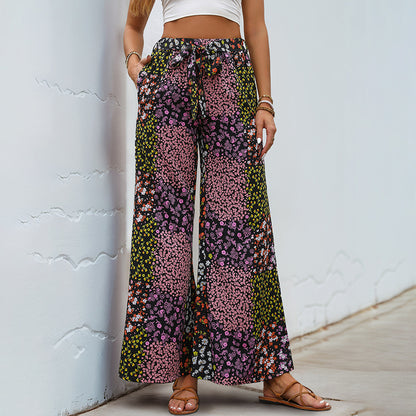 Patchwork Floral Wide-Leg Pants with High-Waist Drawstring