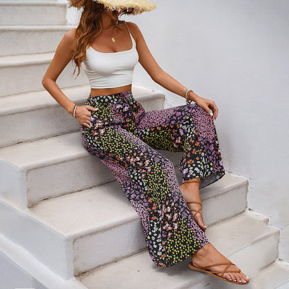Patchwork Floral Wide-Leg Pants with High-Waist Drawstring