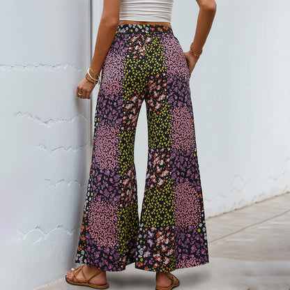 Patchwork Floral Wide-Leg Pants with High-Waist Drawstring