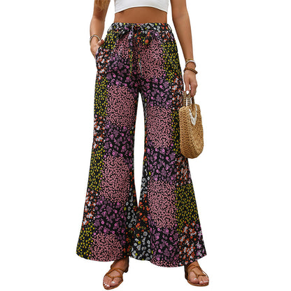 Patchwork Floral Wide-Leg Pants with High-Waist Drawstring