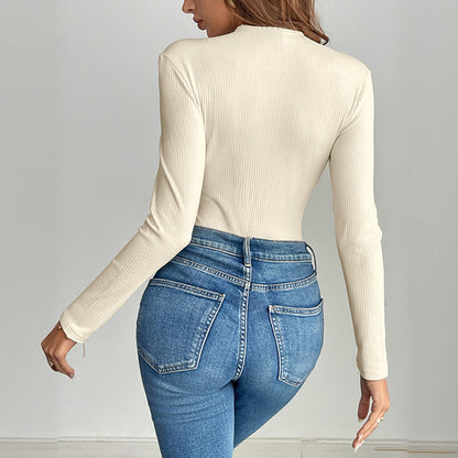 Ribbed Knit Round Neck Bodysuit with Asymmetrical Buttons