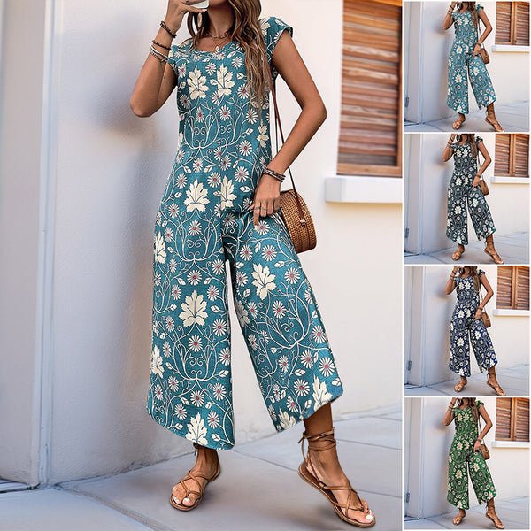 Retro Floral Print Jumpsuit with Wide Legs and Cap Sleeves