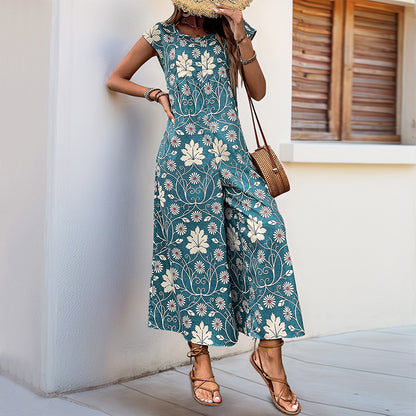 Retro Floral Print Jumpsuit with Wide Legs and Cap Sleeves