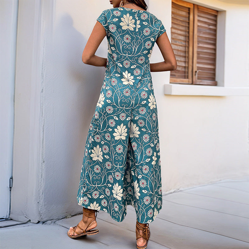 Retro Floral Print Jumpsuit with Wide Legs and Cap Sleeves