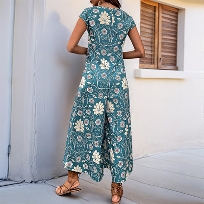 Retro Floral Print Jumpsuit with Wide Legs and Cap Sleeves