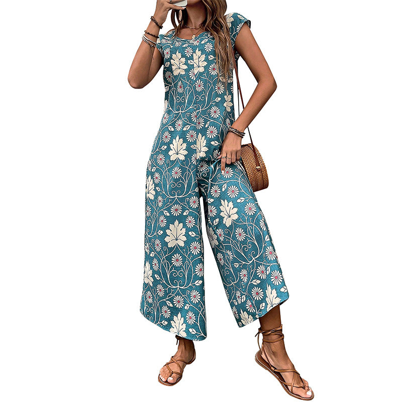 Retro Floral Print Jumpsuit with Wide Legs and Cap Sleeves