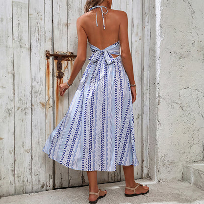 Geometric Print A-Line Dress with Halter Neck and Open Back