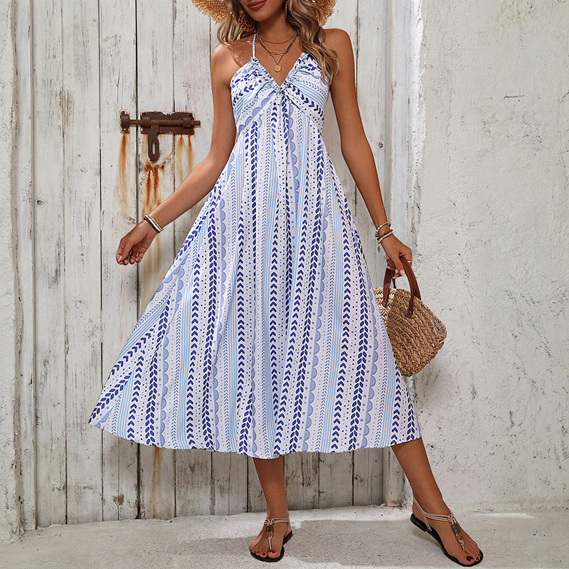 Geometric Print A-Line Dress with Halter Neck and Open Back