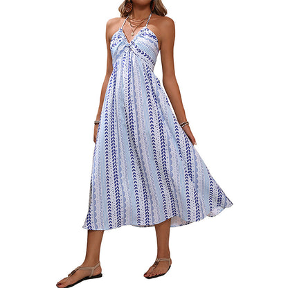 Geometric Print A-Line Dress with Halter Neck and Open Back