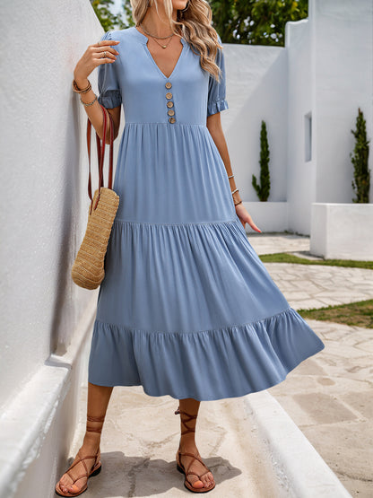 Solid A-Line Midi Dress with Button Front and Tiered Skirt