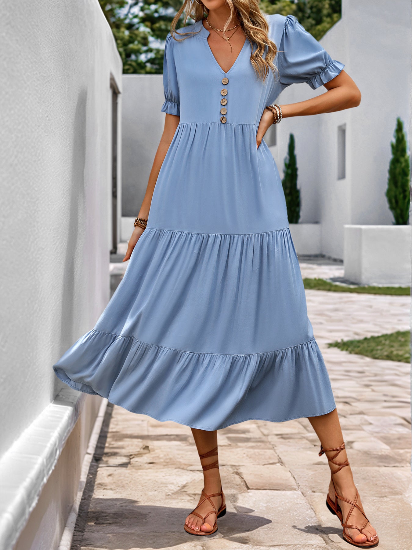 Solid A-Line Midi Dress with Button Front and Tiered Skirt