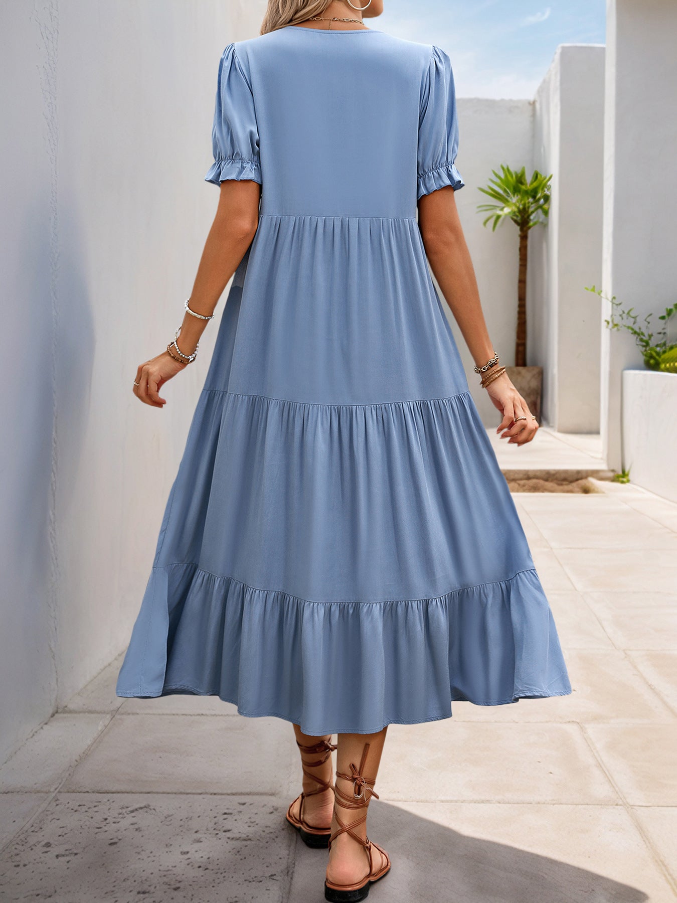 Solid A-Line Midi Dress with Button Front and Tiered Skirt