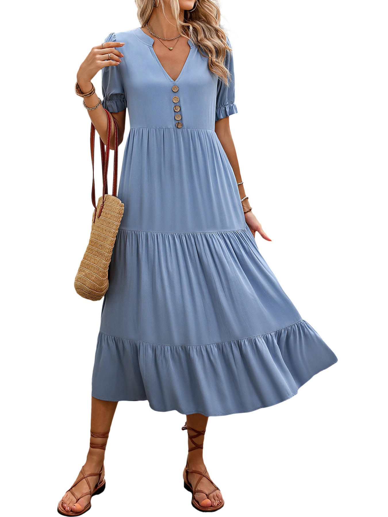 Solid A-Line Midi Dress with Button Front and Tiered Skirt