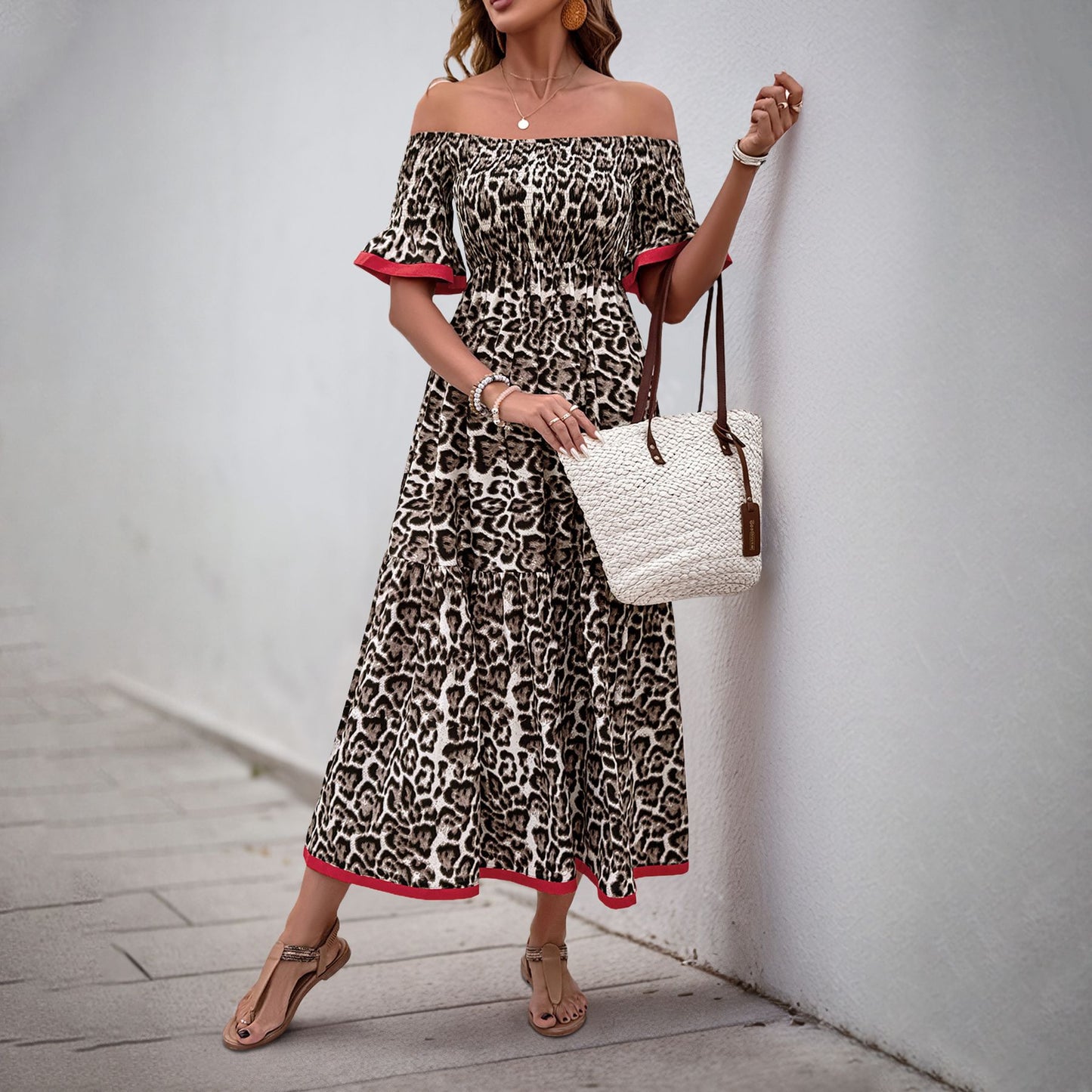 Leopard Print Midi Dress with Off-Shoulder and Ruffle Details