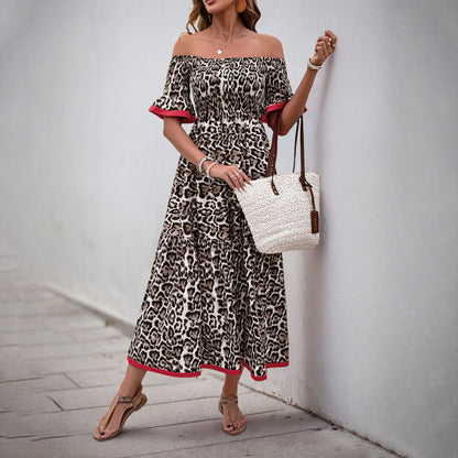 Leopard Print Midi Dress with Off-Shoulder and Ruffle Details